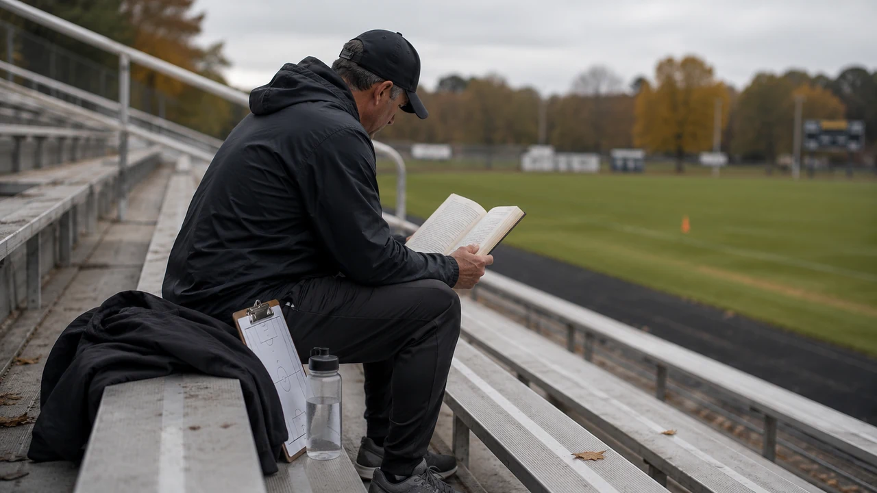 Youth sports coach sitting in empty bleachers reading a coaching book, clipboard and water bottle on the seat beside him, focused expression