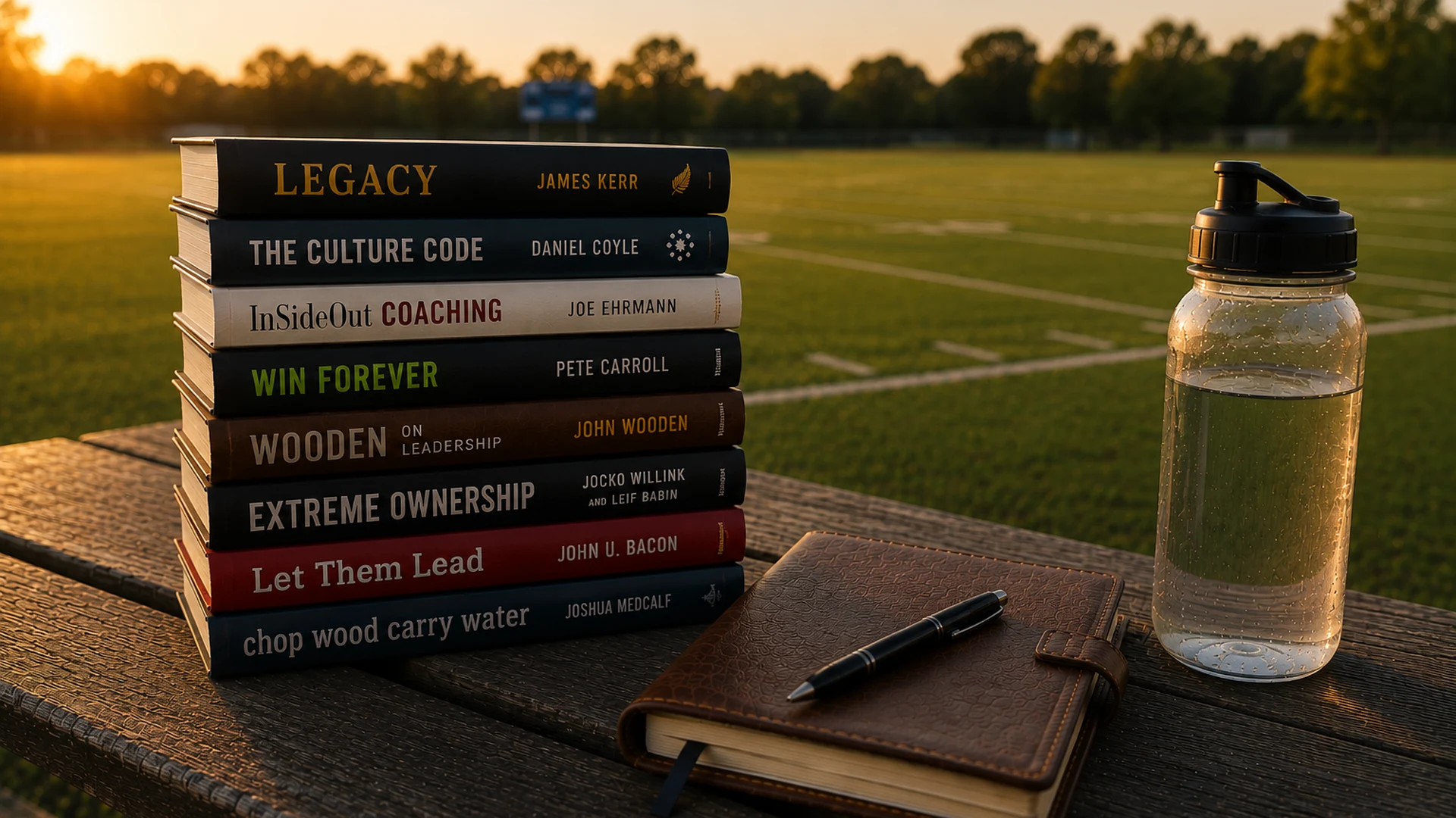 Stack of coaching leadership books on a sideline bench with a football field blurred in the background, warm evening light, coach's notebook beside them