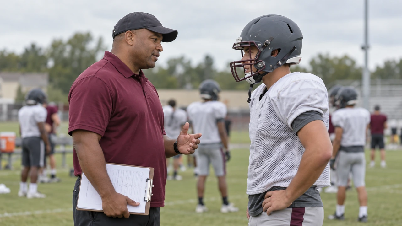Coach holding a clipboard and speaking one-to-one with a helmeted football player beside a practice field.