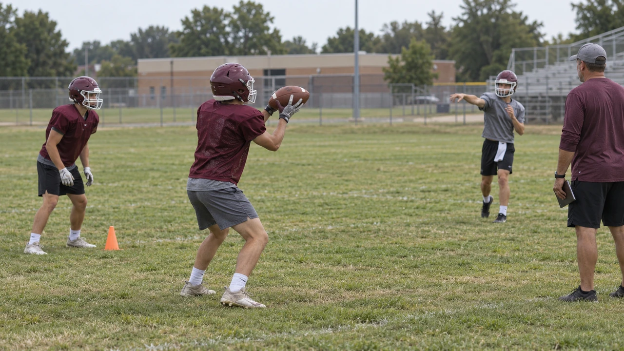 Helmeted football players completing a non-contact passing drill while a coach watches from the sideline.