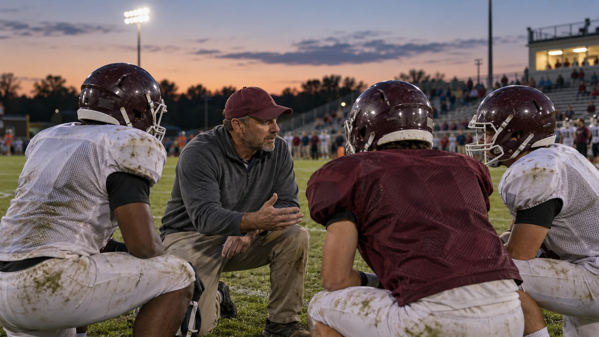 Coach kneeling and talking with three helmeted high-school football players on the sideline at dusk.